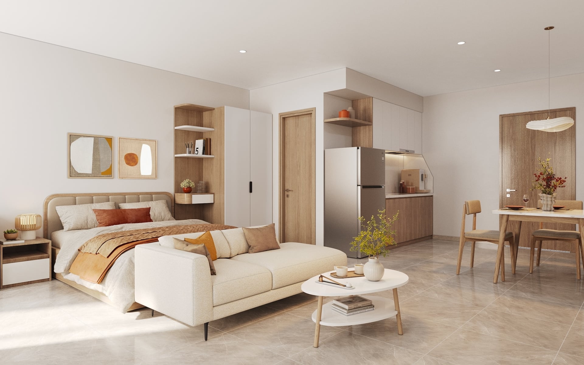 Lối bố trí nội thất thông minh giúp căn hộ thông thoáng, tận dụng tối đa năng lượng tự nhiên. Phối cảnh